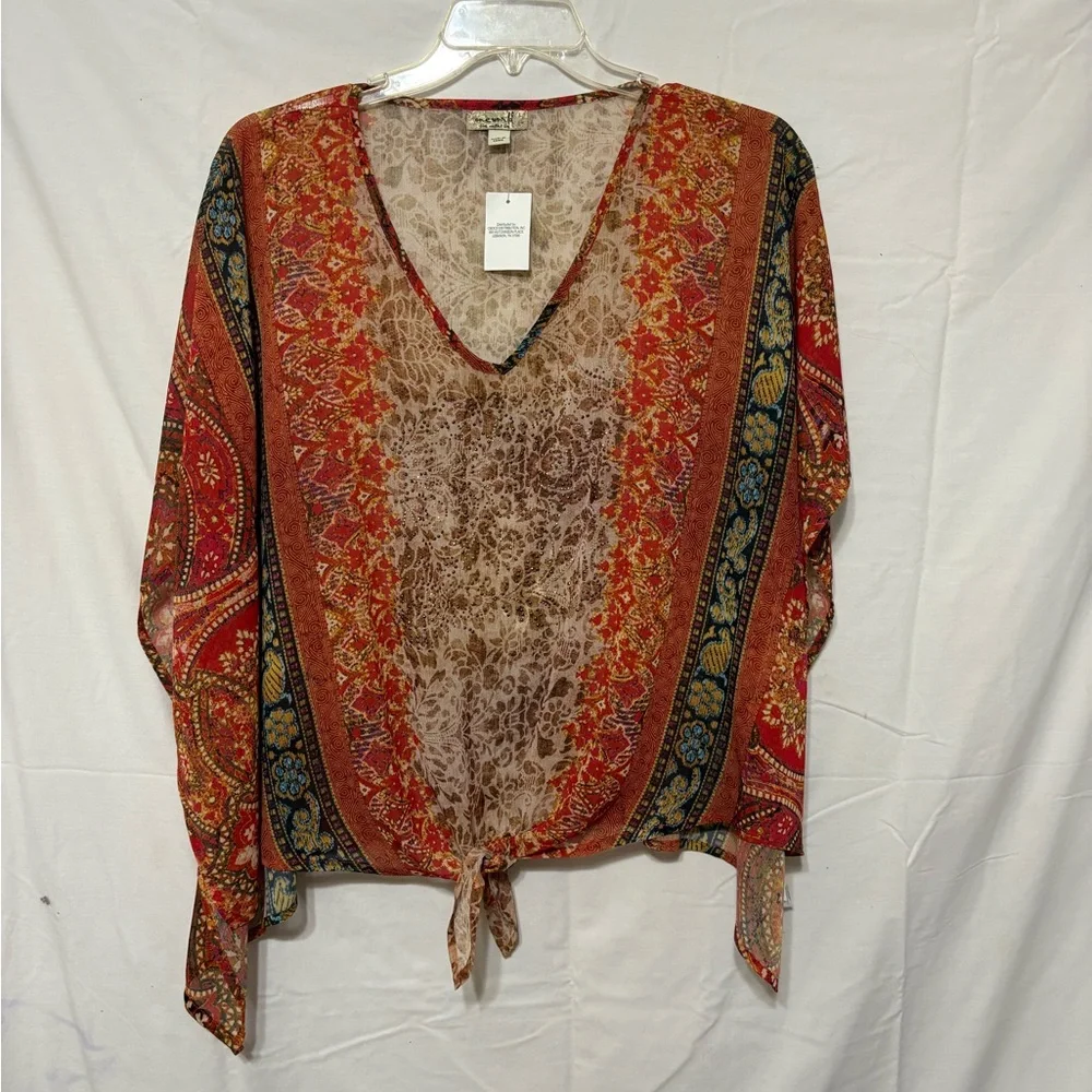 One World sheer pointed hem poncho in a multi-colored floral and paisley pattern - Picture 1 of 4